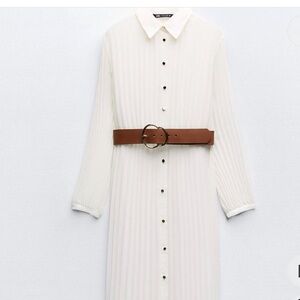 Zara White Pleated Midi Dress with Belt